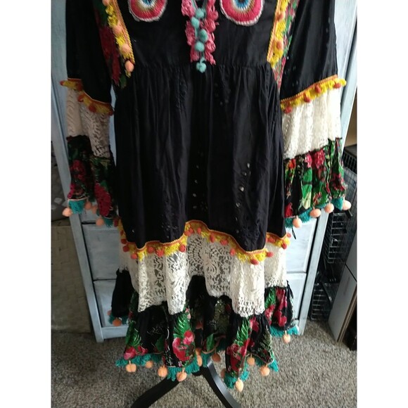 Love Positano Fringed Embroidered Flared Sleeve Dress Boho Cottage Core Feminine - Picture 4 of 15